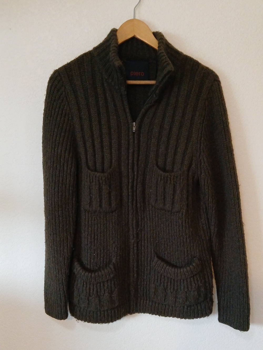 Piero Dark Green Wool Acrylic Blend Full Zip Cardigan Sweater